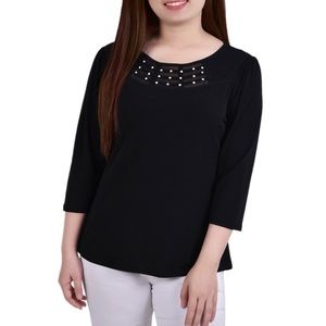 NY Collection 3/4 Sleeve Crepe Knit Top - Black, studded, petite medium